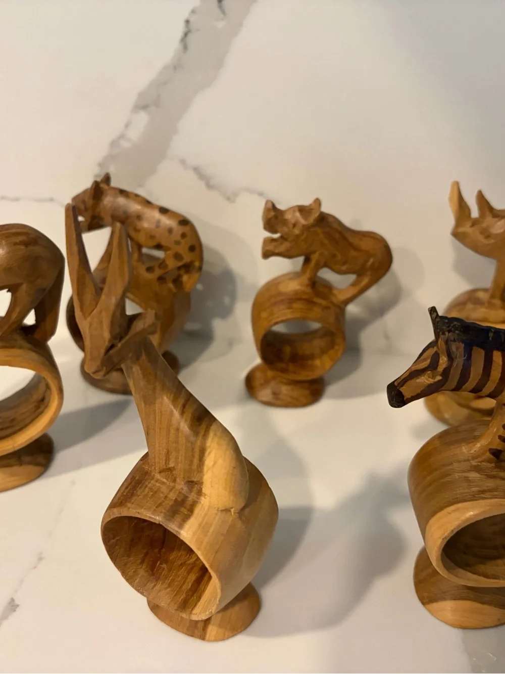 1970s Vintage Hand Carved Wooden Safari Animal Napkin Rings Set of 12